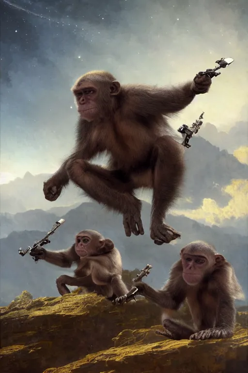 Image similar to space monkeys, 8 k, trending on artstation, smooth, sharp focus artwork by gustave courbet, mark keathley, greg rutkowski and annie leibowitz