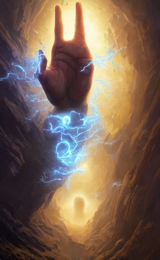 Image similar to the hand of God coming out of a portal hopping and time warping with reckless abandon, dramatic scene, masterpiece digital painting by Greg Rutkowski, Alex Grey, artstation, 4k wallpaper, pixar poster