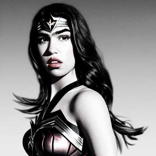 Image similar to a potrait of Dua lipa as wonder woman by Zack Snyder, Christopher Nolan, 8k photorealistic, cinematic lighting, HD, high details, dramatic, trending on artstation, view from below, dark atmosphere,