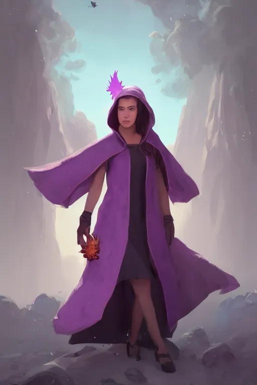 Prompt: Young beautiful short woman in purple witch robes and pointy hat with a small pet phoenix on her shoulder, full body shot unreal engine hyperreallistic render 8k character concept art masterpiece digital art by Greg Rutkowski, Simon Stalenhag, trending on Artstation, CGSociety