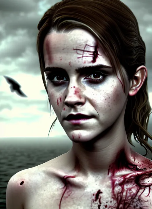Prompt: highly detailed vfx portrait of emma watson as zombie, unreal engine, chrome reflect, global illumination, detailed and intricate environment