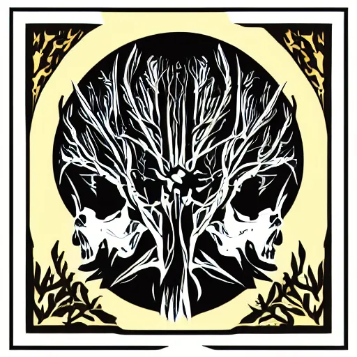 Image similar to dark death metal themed vector illustration for a record label, trees. forest, spikes, skull, microphone, skull, award winning, grunge, iconic, golden ratio