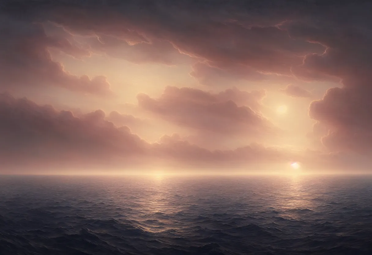 Prompt: strange sea surface of autumn planet at sunset, sailing ship on horizon, ultra high definition, ultra detailed, symmetry, fog, matte painting, by greg rutkowski and ross tran and wlop