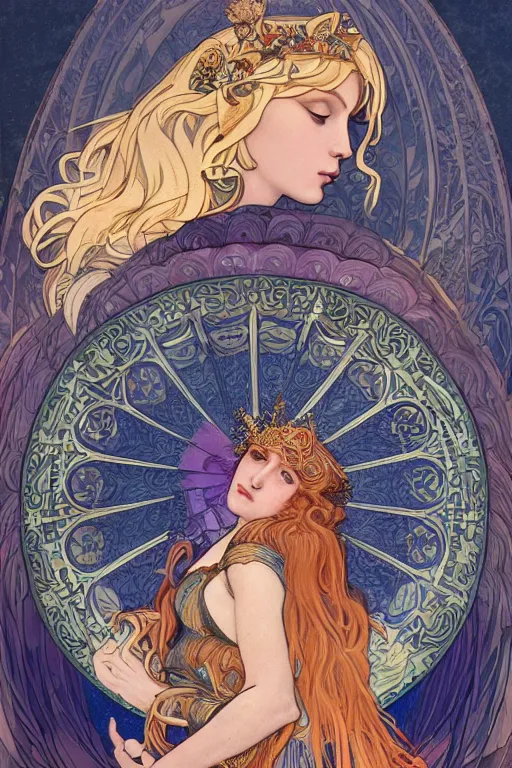 Image similar to stunning goddess valkyrie, crescent moon in the background, in style blend of Botticelli and alphonse mucha, amazing detail, stunning lines, flat colors, 4K, digital illustration, character concept