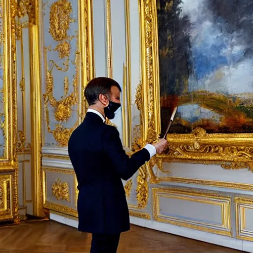 Prompt: Emmanuel Macron painting Abstract art at Versailles