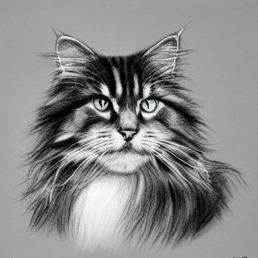 Prompt: long - haired siberian cat, illustration, charcoal, coulson, peter, bagshaw, tom