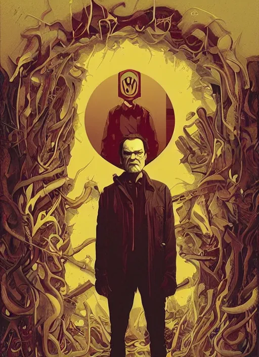 Image similar to poster artwork by Michael Whelan and Tomer Hanuka, Karol Bak of Quentin Tarantino the local video store kerk, from scene from Twin Peaks, clean, simple illustration, nostalgic, domestic, full of details