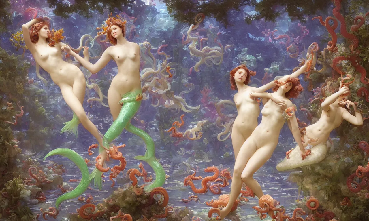 Prompt: a luminous springtime fairytale of beautiful realistic mermaid women frolicking among octopuses and fish and coral and seahorses in the romantic courtyard of an underwater baroque white marble cathedral with stained glass windows. Neon light, masterpiece 4k digital illustration by Ruan Jia and Mandy Jurgens and William-Adolphe Bouguereau, award winning, Artstation, Gustave Dore' background, intricate details, realistic, panoramic view, volumetric lighting, Hyperdetailed, 8k resolution, golden hour, intricate art nouveau, smooth, sharp focus, rendered in Unreal Engine 3