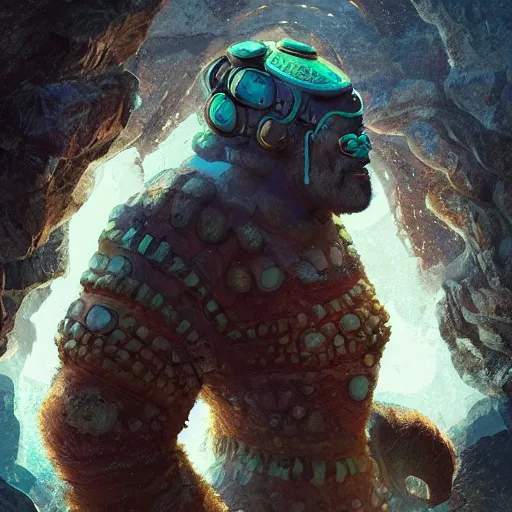 Prompt: a giant rock golem with a glowing gem in his forehead and an african pygmy shamn on his shoulder, Apex Legends character digital illustration portrait design, by android jones, detailed, cinematic lighting, wide angle action dynamic portrait