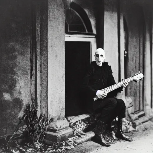 Image similar to vintage photograph of count orlok crouched outside his castle, playing the blues on guitar, 4 k