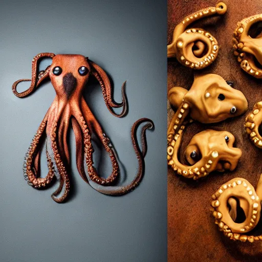 Image similar to dog in the shape of an octopus, hyper real, food photography