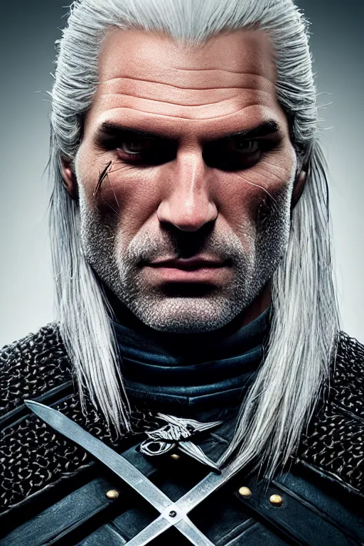 Image similar to portrait of geralt of rivia, 5 5 mm lens, professional photograph, times magazine, serious, stern look, zoomed out