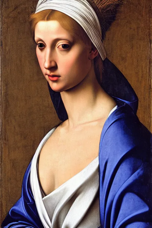 Prompt: hyper - realistic close - up portrait of a medieval blonde with a huge amount of color in the caravaggio style, pale skin, in a silver silk robe, blue palette