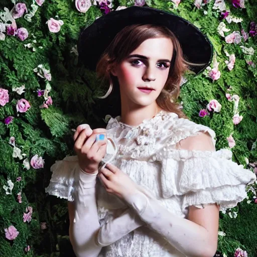 Image similar to washed out on worn out canvas textured canvas wall full body fashion model emma watson smokey eyes makeup eye shadow fantasy, glow, shimmer as victorian woman in a long white frilly lace dress and a large white hat having tea in a sunroom filled with flowers, roses and lush fern flowers ,intricate, night, highly detailed, dramatic lighting , high quality