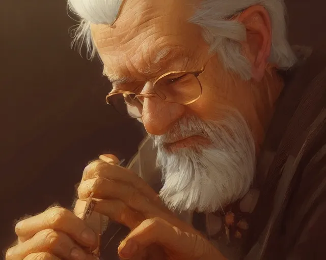 Image similar to a tired old man painting a wooden doll, deep focus, d & d, fantasy, intricate, elegant, highly detailed, digital painting, artstation, concept art, matte, sharp focus, illustration, hearthstone, art by artgerm and greg rutkowski and alphonse mucha