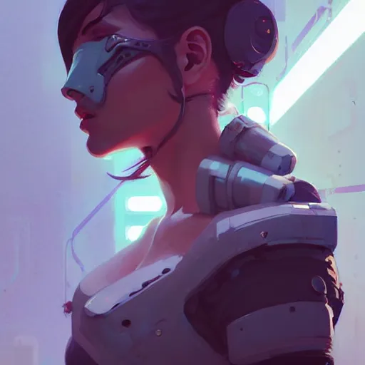 Image similar to portrait of cyberpunk greek goddess by atey ghailan, by greg rutkowski, by simon stalenhag, by greg tocchini, by james gilleard, by joe fenton, by kaethe butcher dynamic lighting, gradient light blue, brown, blonde cream and white color scheme, grunge aesthetic