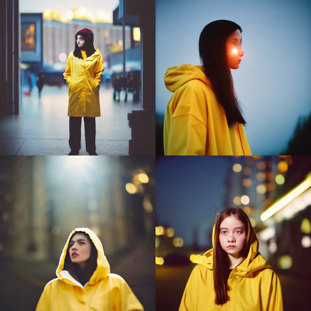 Prompt: detailed and realistic portrait photography of a woman wearing a yellow raincoat with hoodie. Cinematic. City lights in the background. Lens flare. Portra 800 film. Helios 44m