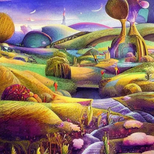 Prompt: A beautiful mixed mediart of a landscape. It is a stylized and colorful view of an idyllic, dreamlike world with rolling hills, peaceful looking animals, and a flowing river. The scene looks like it could be from another planet, or perhaps a fairy tale. decopunk by Ken Kelly, by Peter Zumthor atmospheric