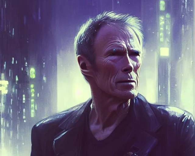 Image similar to 2 0 1 8 blade runner movie smooth face clint eastwood in his youth look at the cityscape from roof perfect face fine realistic face pretty face reflective polymer suit tight neon puffy jacket blue futuristic sci - fi elegant by denis villeneuve tom anders zorn hans dragan bibin thoma greg rutkowski ismail inceoglu illustrated sand storm alphonse mucha