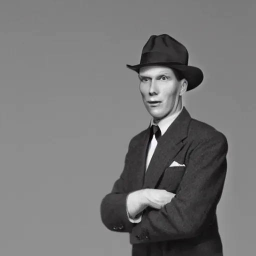 Prompt: A photograph portrait of Jerma985 wearing a suit with and fedora in the 1940s, taken in the early 1940s, grainy, taken on a 940s Kodak Camera, realistic, hyperrealistic, very realistic, highly detailed, very detailed, extremely detailed, detailed, digital art, trending on artstation