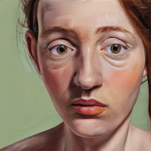 Image similar to high quality high detail painting by lucian freud, hd, 3 0 year old girl portrait, photorealistic lighting