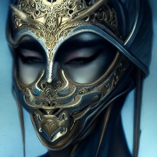 Image similar to Very very very very highly detailed epic photo of face with venetian mask, intricate, dystopian, sci-fi, extremely detailed, digital painting, artstation, concept art, smooth, sharp focus, illustration, intimidating lighting, incredible art by Artgerm
