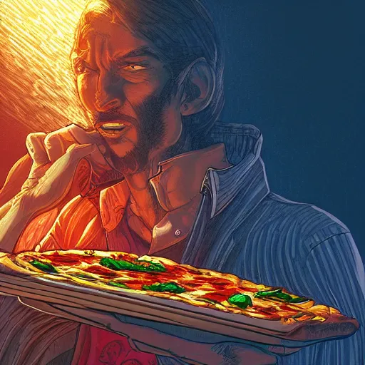 Image similar to the second coming of the pizza guy by dan mumford, yusuke murata, makoto shinkai, ross tran, cosmic, heavenly, god rays, intricate detail, cinematic, 8 k, cel shaded, unreal engine, featured on artstation, pixiv