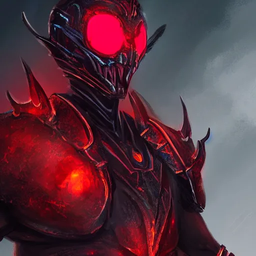 Prompt: a highly detailed character portrait of a man wearing a epic dark armor with glowing red eyes concept art