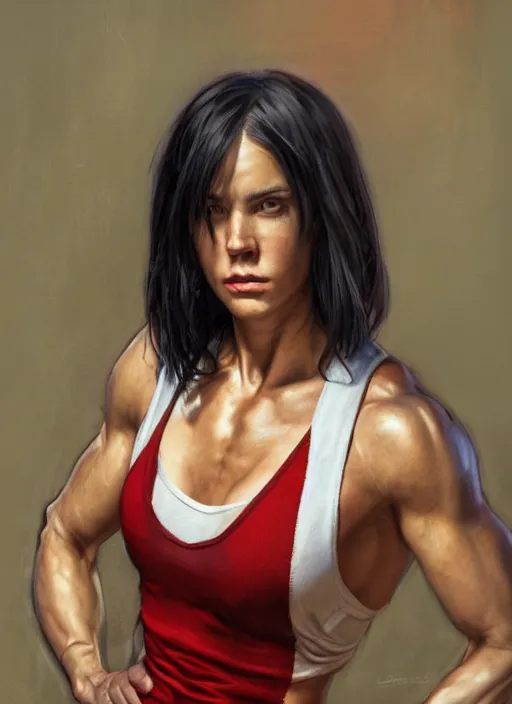 Prompt: a portrait a woman in her 2 0 s, muscular, wearing red tanktop vest with gold lining, white bandages on fists, black hair, short - medium length hair, serious, style by donato giancola, wayne reynolds, jeff easley dramatic light, high detail, cinematic lighting, artstation, dungeons and dragons