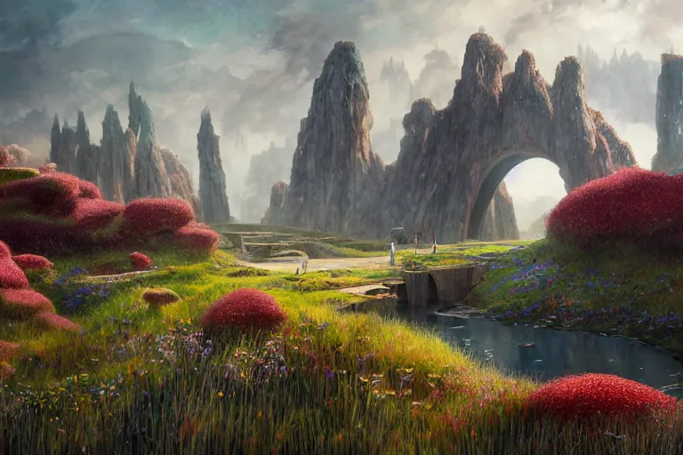 Prompt: Brutalist Shiro, fantasy landscape, Eden at Dawn, gleaming morning cinematic lighting, amazing cinematic concept painting, by Jessica Rossier, Himeji Rivendell Garden of Eden valley, wildflowers and grasses, terraced orchards and ponds, lush fertile fecund, fruit trees, birds in flight, animals wildlife, beksinski