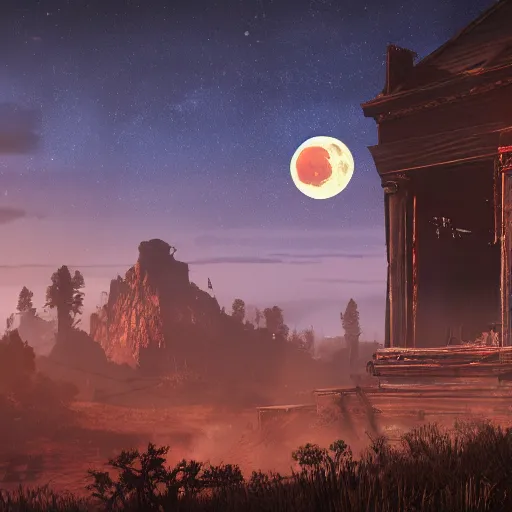 Image similar to an ultra detailed landscape from red dead redemption 2, digital art, dark fantasy, concept art, soulslike, by alphonse mucha, blood moon eclipse, ruined building in the background, artstation, 8 k, unreal engine render