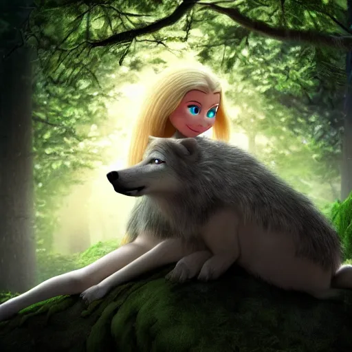 Prompt: medium shot young girl, blond hair green eyes, astride a gray wolf, in a dark forest, mysterious, backlit, perfact face, beautiful still from a pixar dreamworks movie, trending on artstation