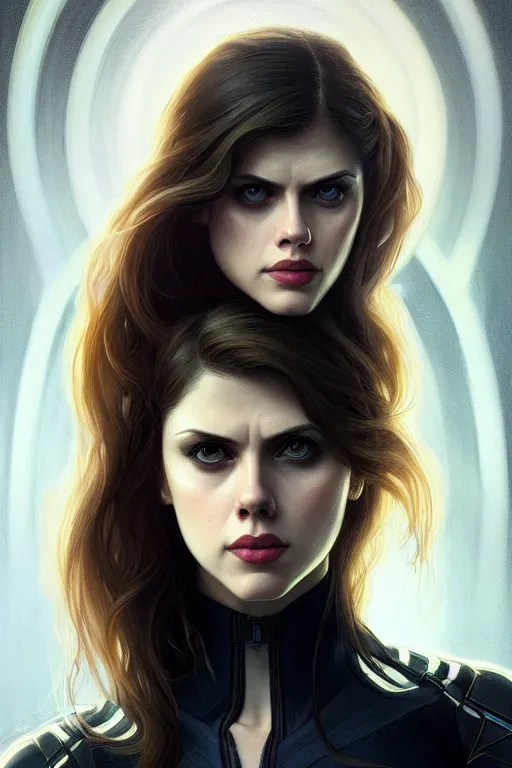 Image similar to alexandra daddario as black widow, realistic portrait, symmetrical, highly detailed, digital painting, artstation, concept art, smooth, sharp focus, illustration, cinematic lighting, art by artgerm and greg rutkowski and alphonse mucha