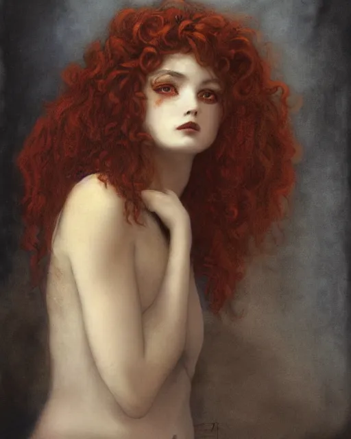 Image similar to a beautiful but sinister girl in layers of fear, with haunted eyes and curly hair, 1 9 7 0 s, seventies, delicate embellishments, a little blood, crimson, painterly, offset printing technique, by alexandre cabanel