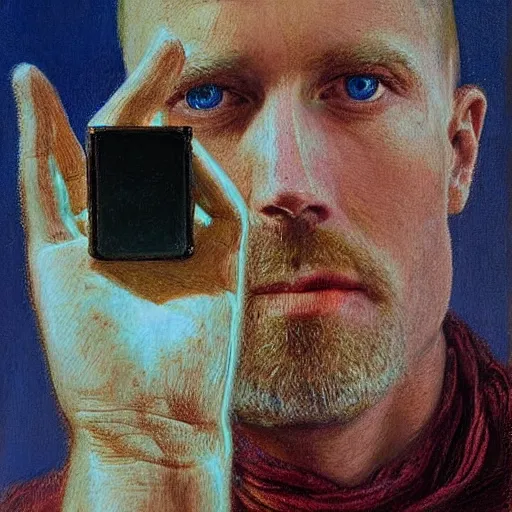 Image similar to A painting. A rip in spacetime. Did this device in his hand open a portal to another dimension or reality?! Lawrence of Arabia, pastel dark by William Holman Hunt, by Travis Louie straight, melancholic