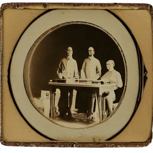 Image similar to daguerreotype of scientists building a spaceship