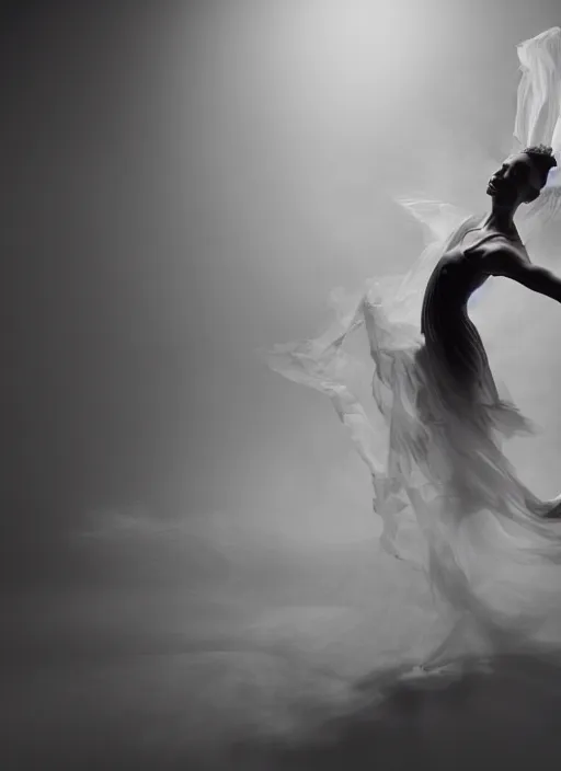 Image similar to a Photorealistic dramatic hyperrealistic render of a beautiful Female smoke dancer by Ken Brower and Deborah Ory of NYC Dance project,Lois Greenfield,Flowing cloth and smoke,Beautiful dynamic dramatic dark moody lighting,volumetric,shadows,cinematic atmosphere,Octane render,8K