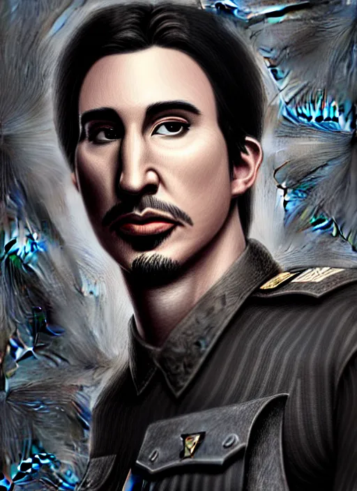 Image similar to a portrait of john oliver standing next to adam driver, stoic, military uniform, fantasy, intricate, beautiful, highly detailed, charcoal, centered, dark, smokey, digital painting, concept art, smooth, sharp focus, illustration, art by artgerm and greg rutkowski