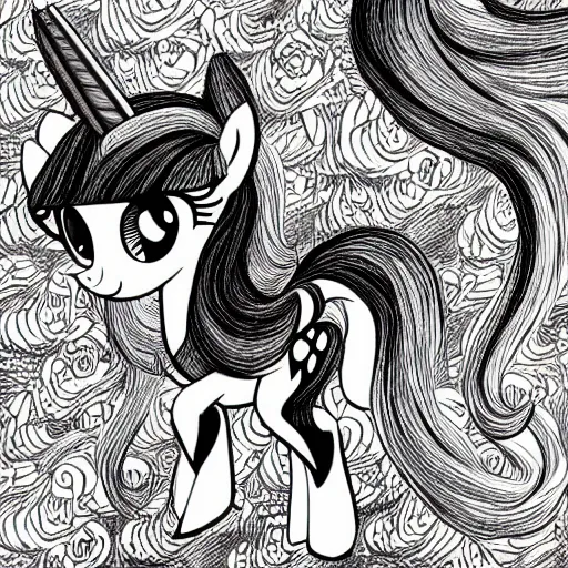 Image similar to my little pony in the style of junji ito