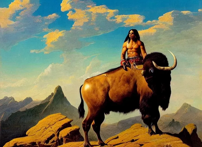 Prompt: beautiful native american riding bison, buffalo, powerful native american warrior, mountain range, beautiful sky, standing on the edge of a cliff, nineteenth century, painted by frazetta