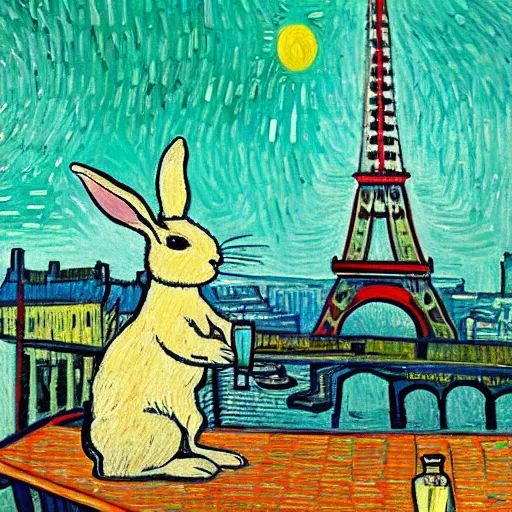 Image similar to a rabbit drinking milk in a paris cafe, eiffel tower visible in the background, in the style of van gogh