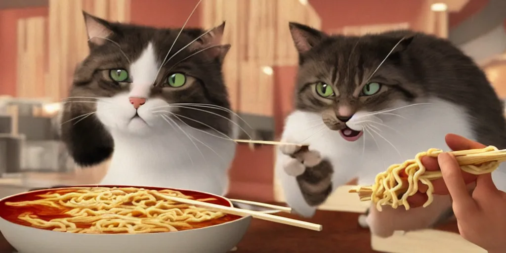 Image similar to A happy cat holding chopsticks and eating a bowl of ramen, hyper realistic, insane detail, Pixar