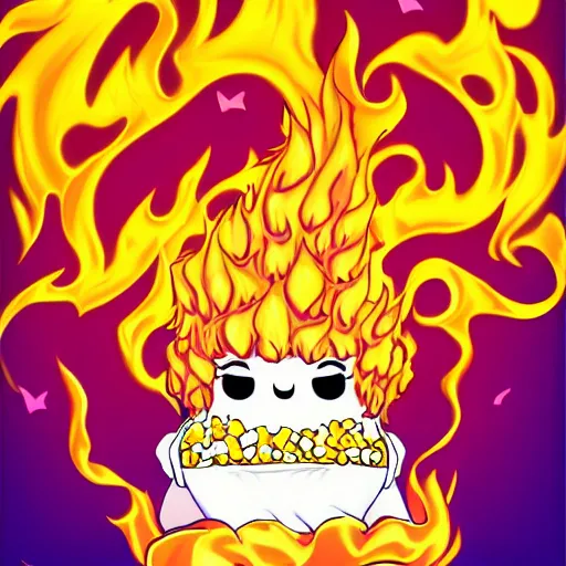 Image similar to fluffy strange popcorn elemental spirit manga character with a smiling face and flames for hair, sitting on a lotus flower, clean composition, symmetrical