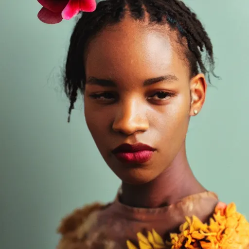 Image similar to realistic photoshoot for a aime leon dore lookbook, color film photography, portrait of a beautiful woman in style of tyler Mitchell, person has a flower in her hair, 35mm, graflex