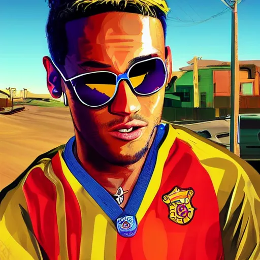 Image similar to Neymar in GTA San Andreas , cover art by Stephen Bliss, artstation, no text