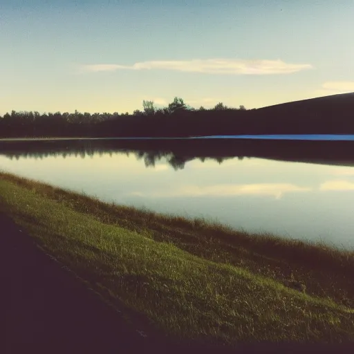 Prompt: Beautiful cameraphone, soft liminal Photograph of an estate road, early morning, small flat lake in the background