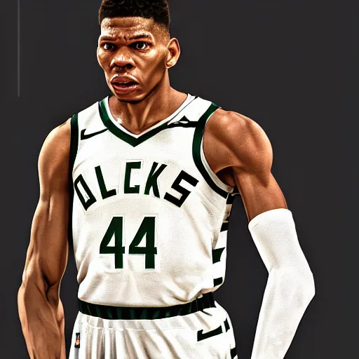 Image similar to giannis antetokounmpo, 3 d character art, wearing basketball jersey, symmetrical facial features, from arknights, hyper realistic, 4 k, rule of thirds, extreme detail, detailed drawing, trending artstation, realistic lighting, by alphonse mucha, greg rutkowski, short neck