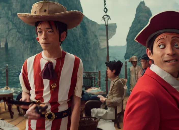 Image similar to a film still of cosplay of luffy the pirate in the grand budapest hotel ( 2 0 1 4 ), 4 k