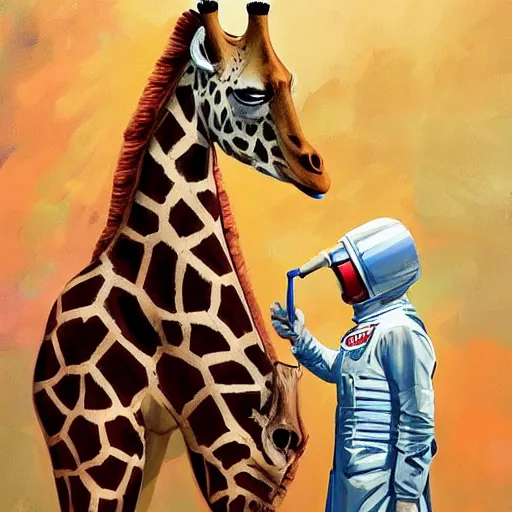 Image similar to a giraffe dressed like an astronaut drinking tea with queen isabel, trending on artstation, art by greg manchess, guangjian, detailed digital art, artstation hd