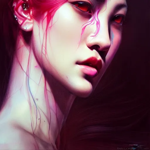 Image similar to blackpink, hyperrealistic portrait, by karol bak and agnes cecile, fantasy art, photo realistic, dynamic lighting, artstation, poster, volumetric lighting, very detailed face, intricate complexity, rule of thirds, 8 k, award winning